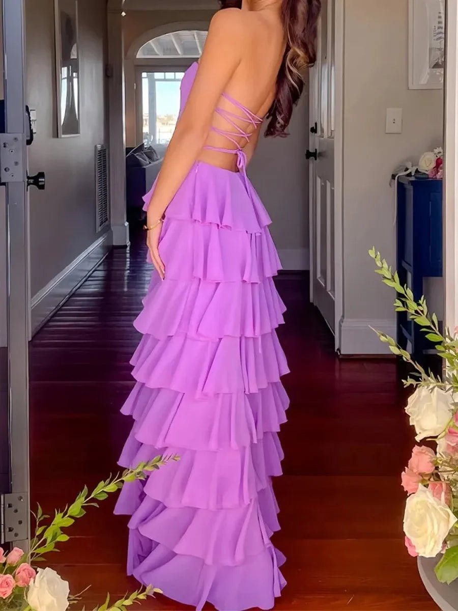 Vibrant A-Line Strapless Sleeveless Lace-Up Tiered Long Prom Dress