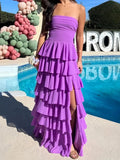 Vibrant A-Line Strapless Sleeveless Lace-Up Tiered Long Prom Dress
