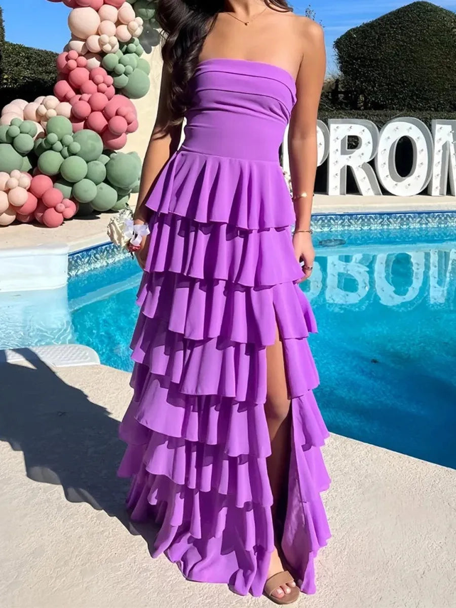 Vibrant A-Line Strapless Sleeveless Lace-Up Tiered Long Prom Dress