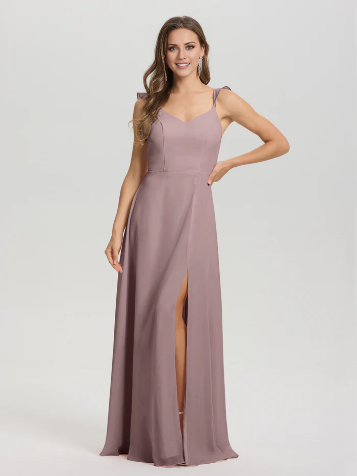 Vestido de dama de honor largo hasta el suelo con abertura en gasa con escote en V y tirantes anudados