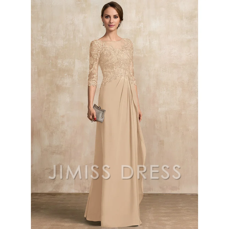Jimiss A-shaped Scoop Illusion floor mopping chiffon lace ribbon bead sequins layered ruffles mother of the bride dress