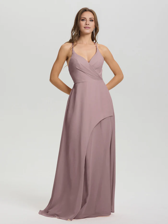 Shoulder strap V-neck backless long chiffon formal and floor length Bridesmaid dresses