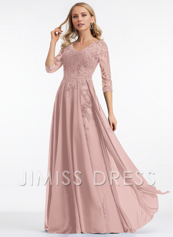 Dark Navy Lace & Chiffon A-Line Floor-Length Evening Dress with V-Neck and Sheer Sequin Sleeves