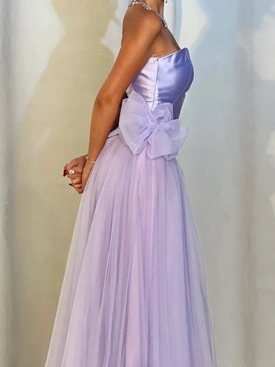 Romantic A-Line Strapless Sleeveless Bow Back Long Prom Dress