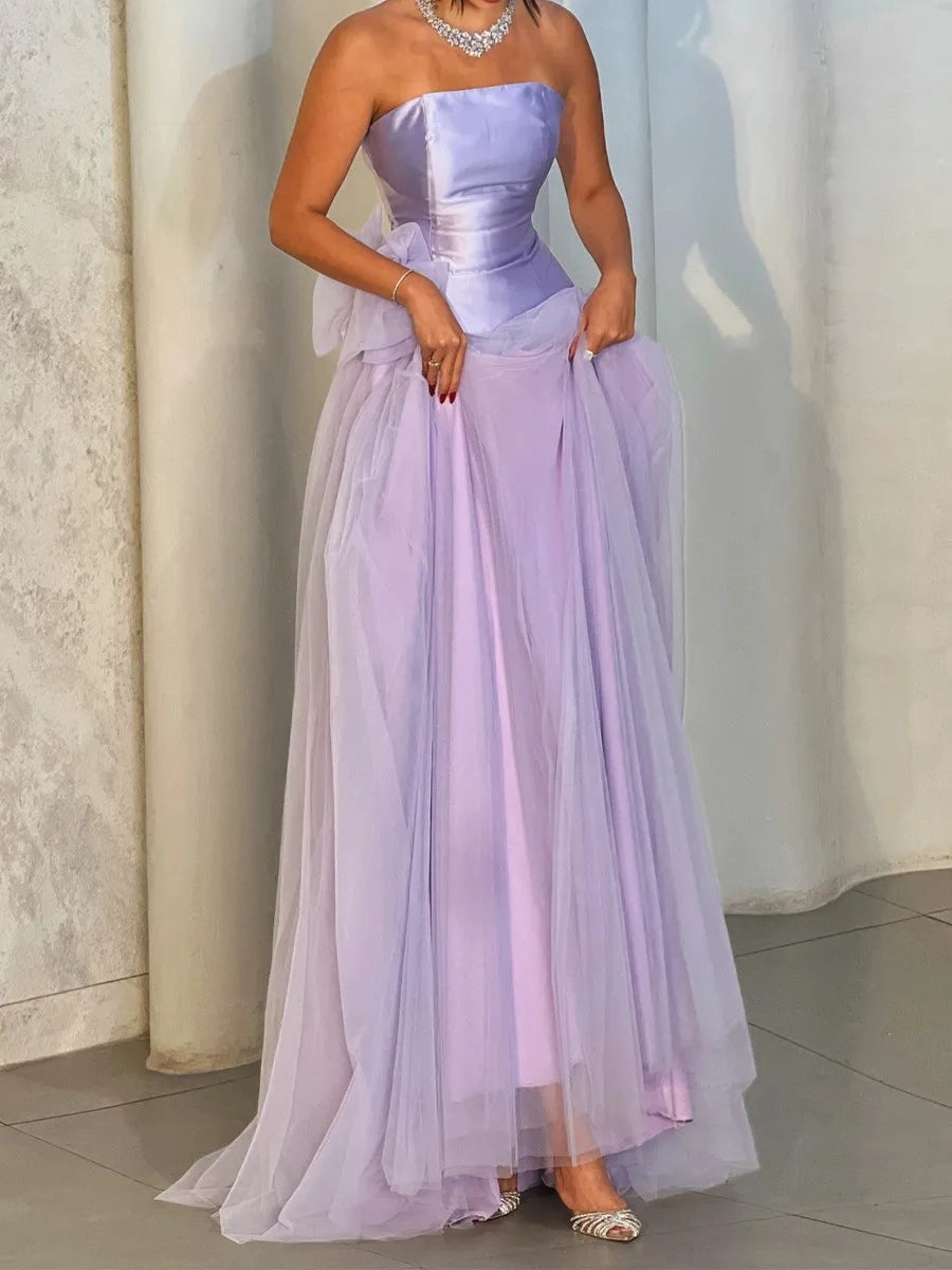 Romantic A-Line Strapless Sleeveless Bow Back Long Prom Dress