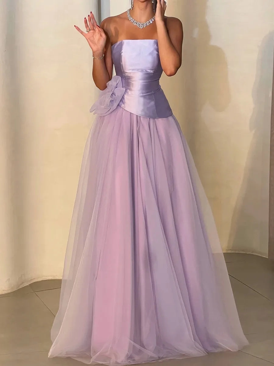 Romantic A-Line Strapless Sleeveless Bow Back Long Prom Dress