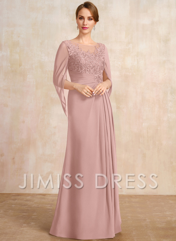 Dark Navy Chiffon A-Line Floor-Length Dress with Illusion Neck & Cape Sleeves