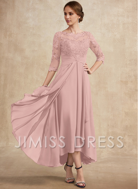Slate Blue Chiffon A-Line Asymmetrical Evening Dress with Lace Bodice and Boat Neck