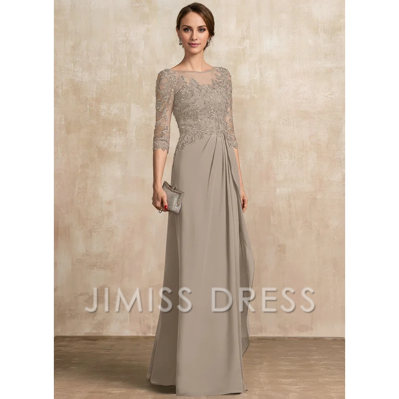 Jimiss A-shaped Scoop Illusion floor mopping chiffon lace ribbon bead sequins layered ruffles mother of the bride dress