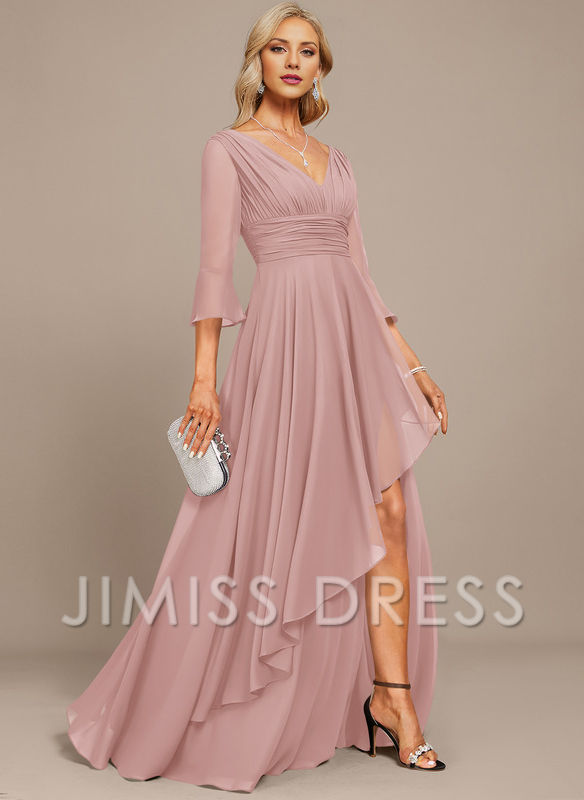 Stormy Chiffon A-Line Asymmetrical Bridesmaid Dress with V-Neck and Pleated Bodice