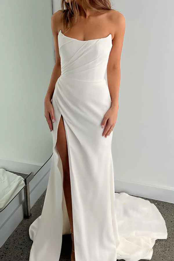 Leisure satin speaker without shoulder strap pleats, side slit beach wedding dress