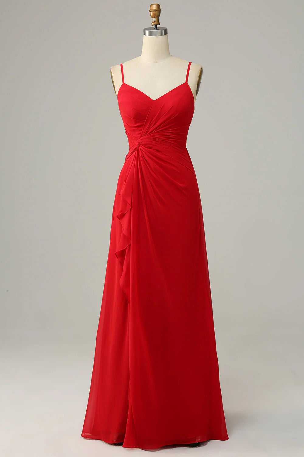Red Chiffon A-Line Floor-Length Bridesmaid Dress with Sweetheart Neckline & Cascading Ruffles