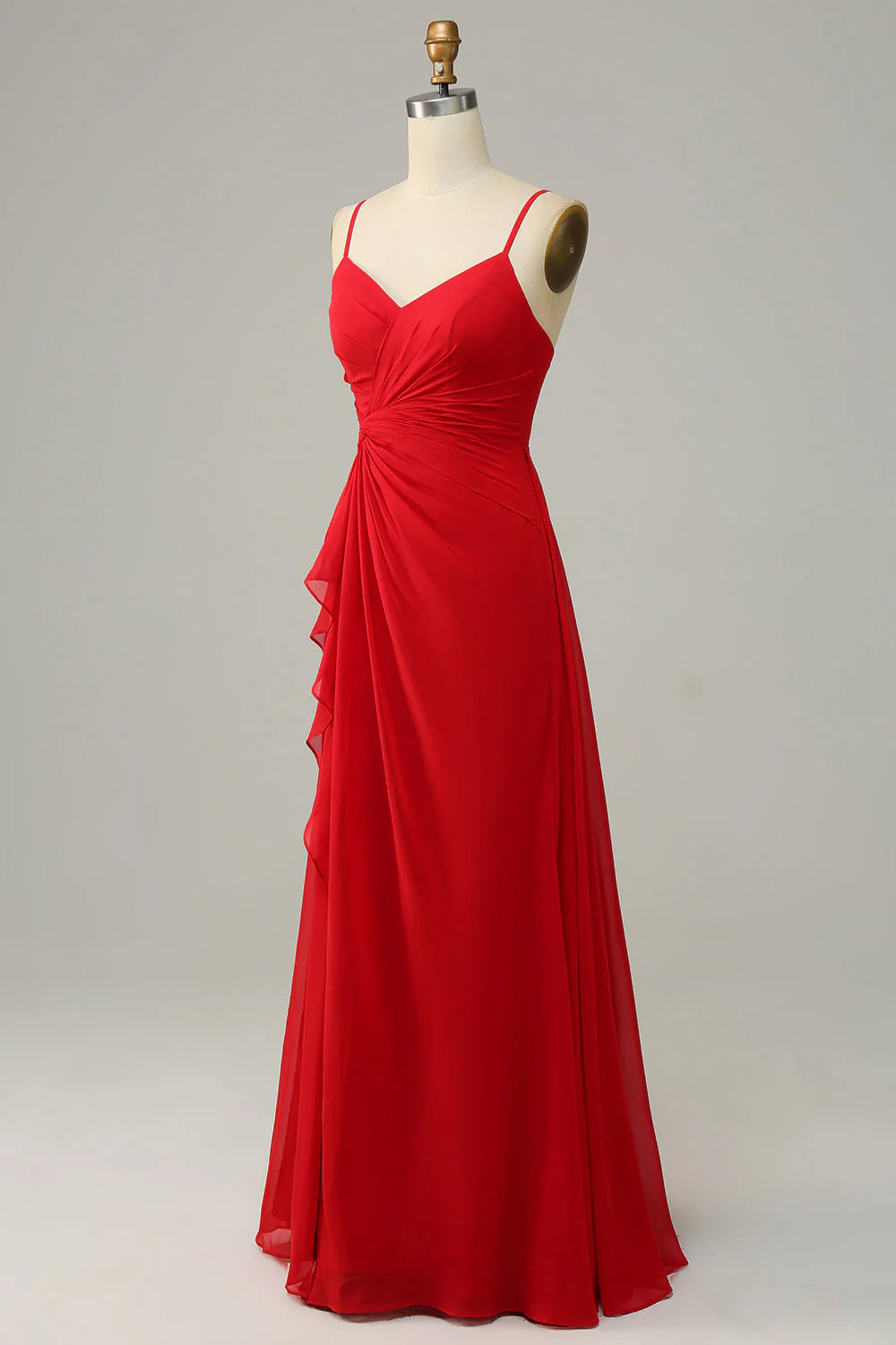 Red Chiffon A-Line Floor-Length Bridesmaid Dress with Sweetheart Neckline & Cascading Ruffles