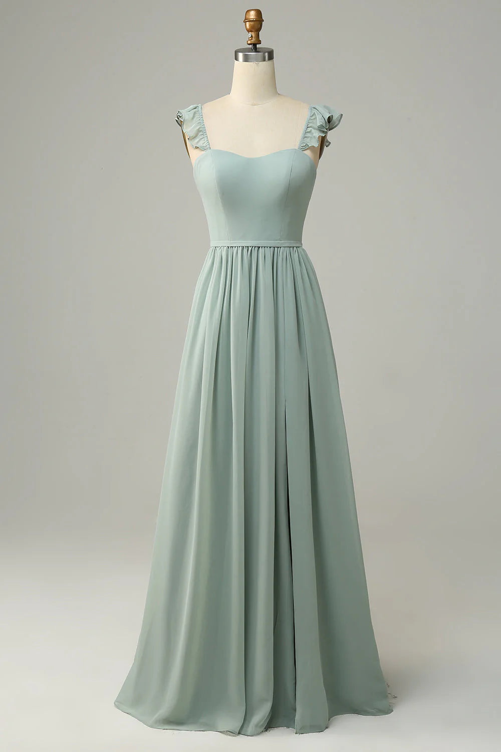 Mint Green A-Line Floor-Length Bridesmaid Dress with Ruffled Straps