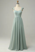 Mint Green A-Line Floor-Length Bridesmaid Dress with Ruffled Straps