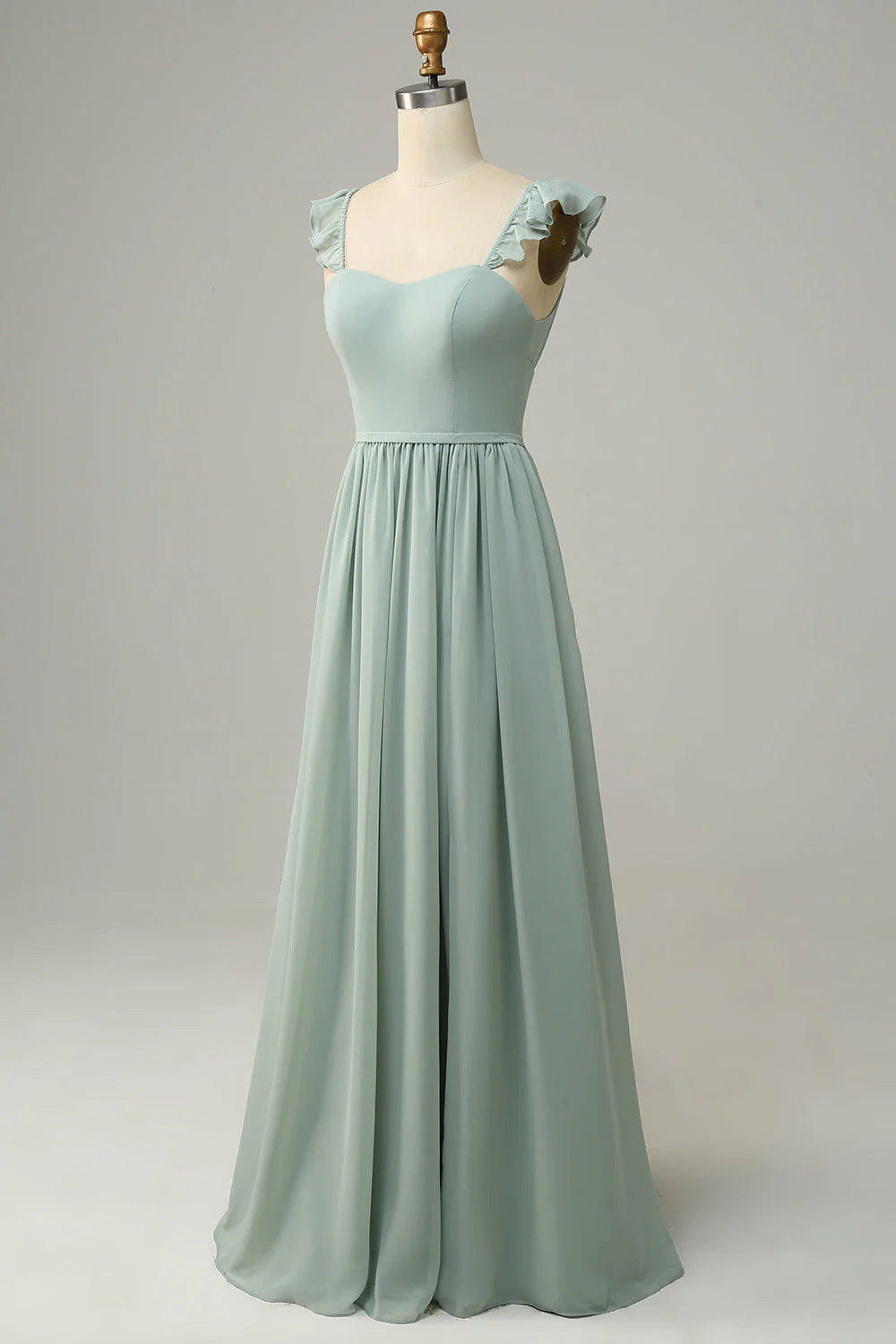 Mint Green A-Line Floor-Length Bridesmaid Dress with Ruffled Straps