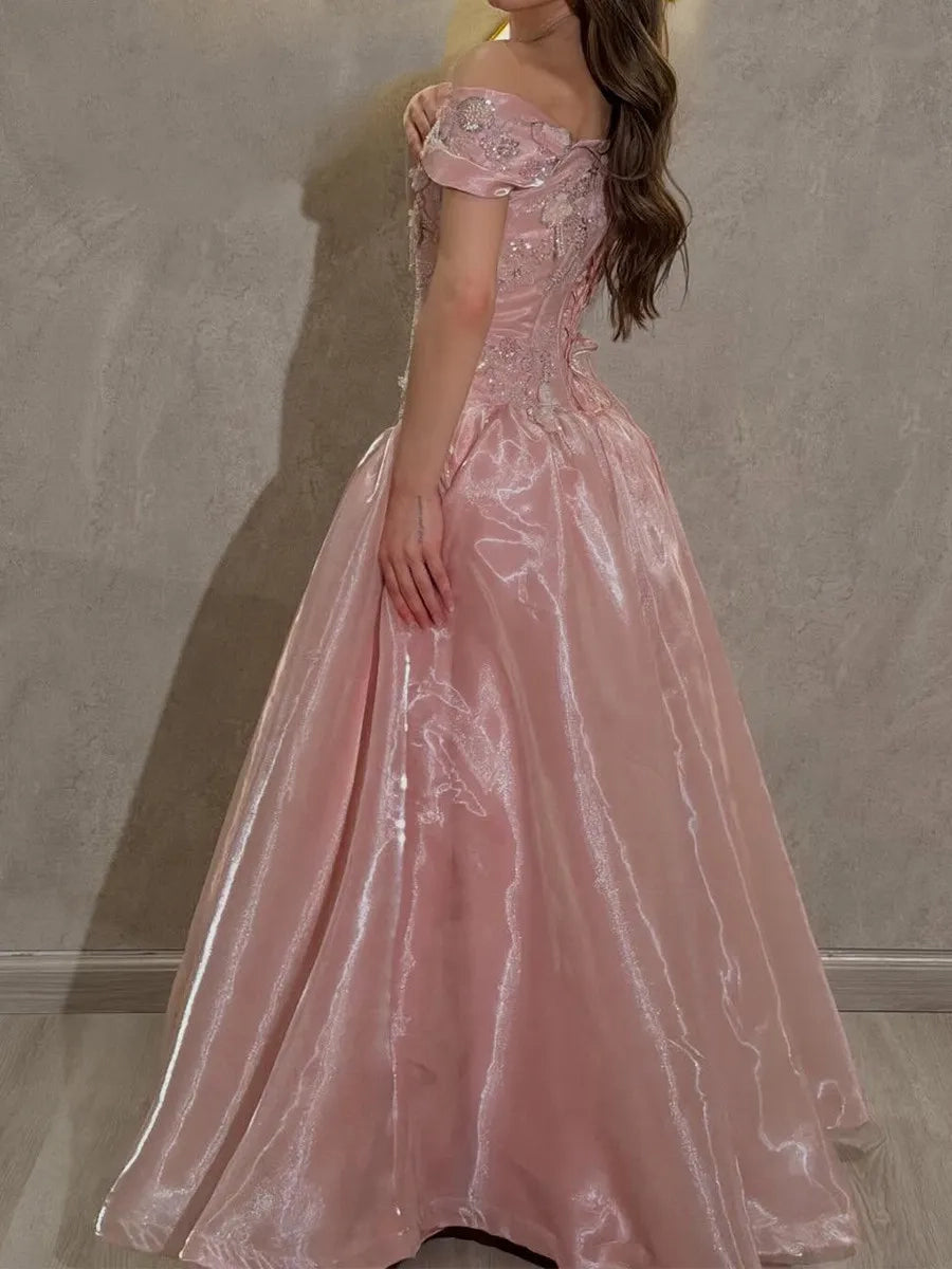 Gorgeous Ballgown Off Shoulder Short Sleeve Lace Up Back Pink Long Prom Dress