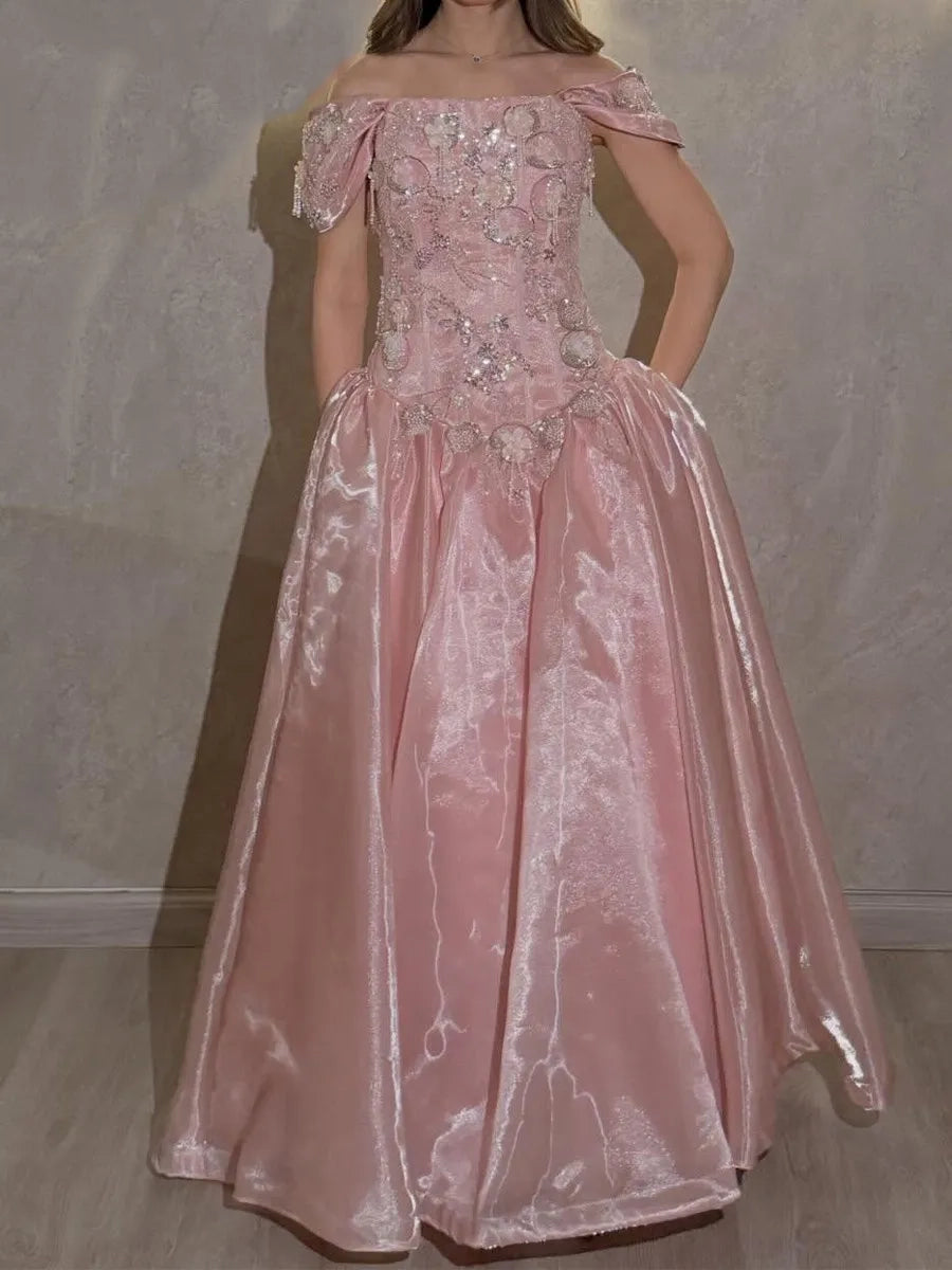 Gorgeous Ballgown Off Shoulder Short Sleeve Lace Up Back Pink Long Prom Dress