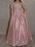 Gorgeous Ballgown Off Shoulder Short Sleeve Lace Up Back Pink Long Prom Dress
