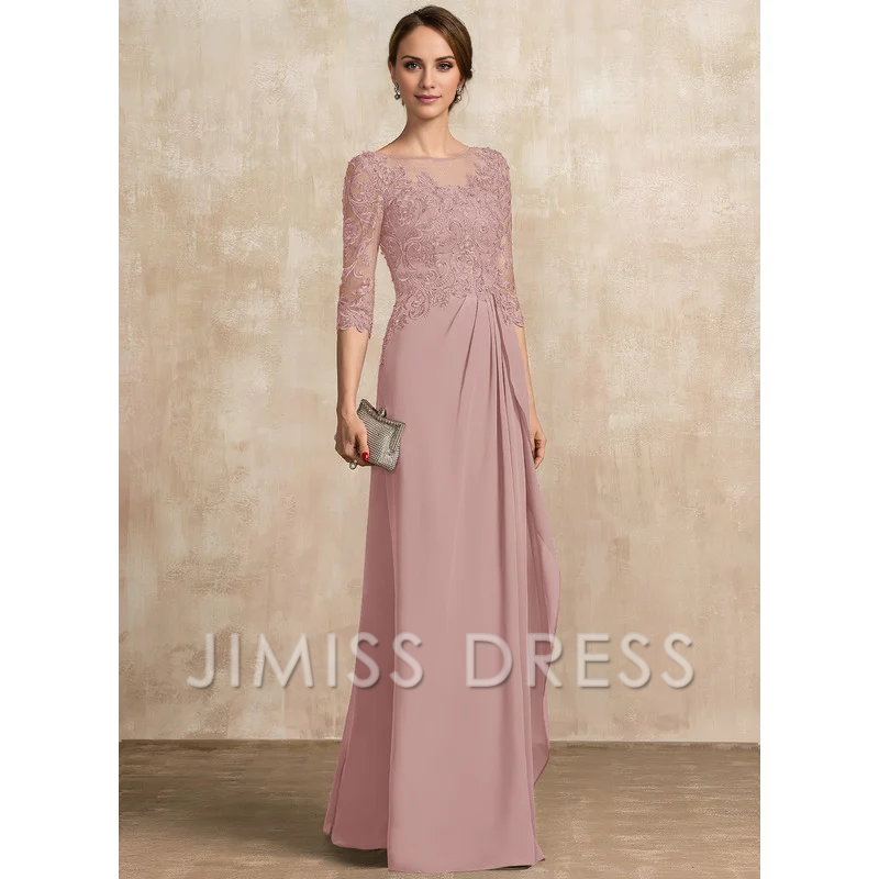 Jimiss A-shaped Scoop Illusion floor mopping chiffon lace ribbon bead sequins layered ruffles mother of the bride dress