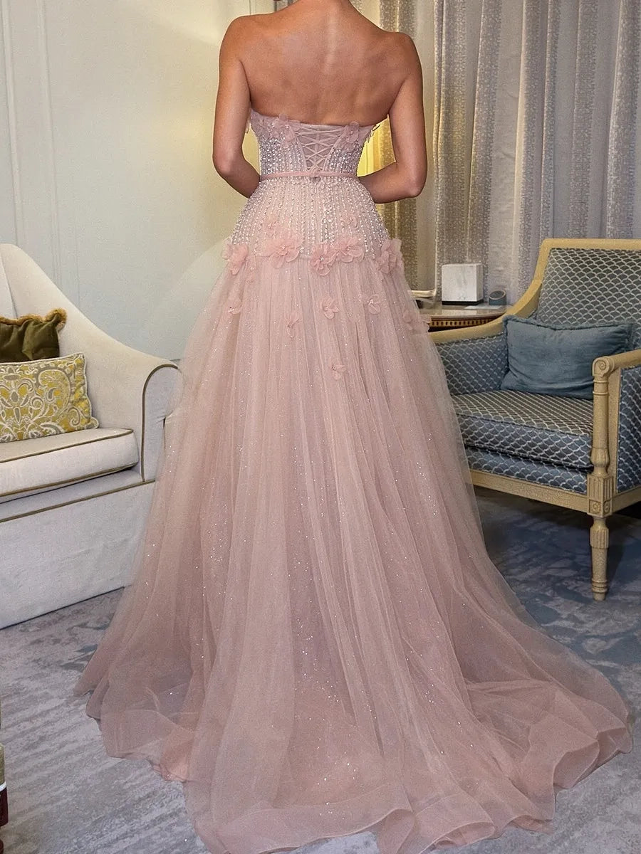 Stunning A-line Sweetheart Strapless Lace Up Back Pink Long Prom Dress