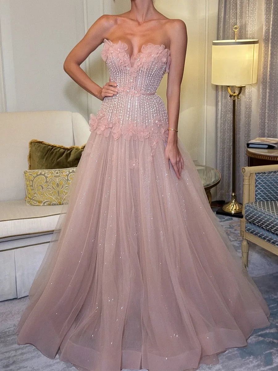 Stunning A-line Sweetheart Strapless Lace Up Back Pink Long Prom Dress