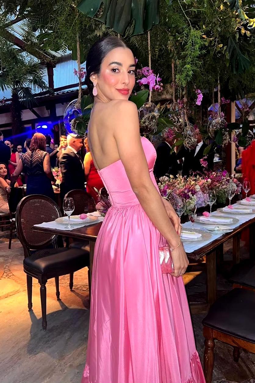 Hot Pink Satin Strapless Tiered Long Evening Dress