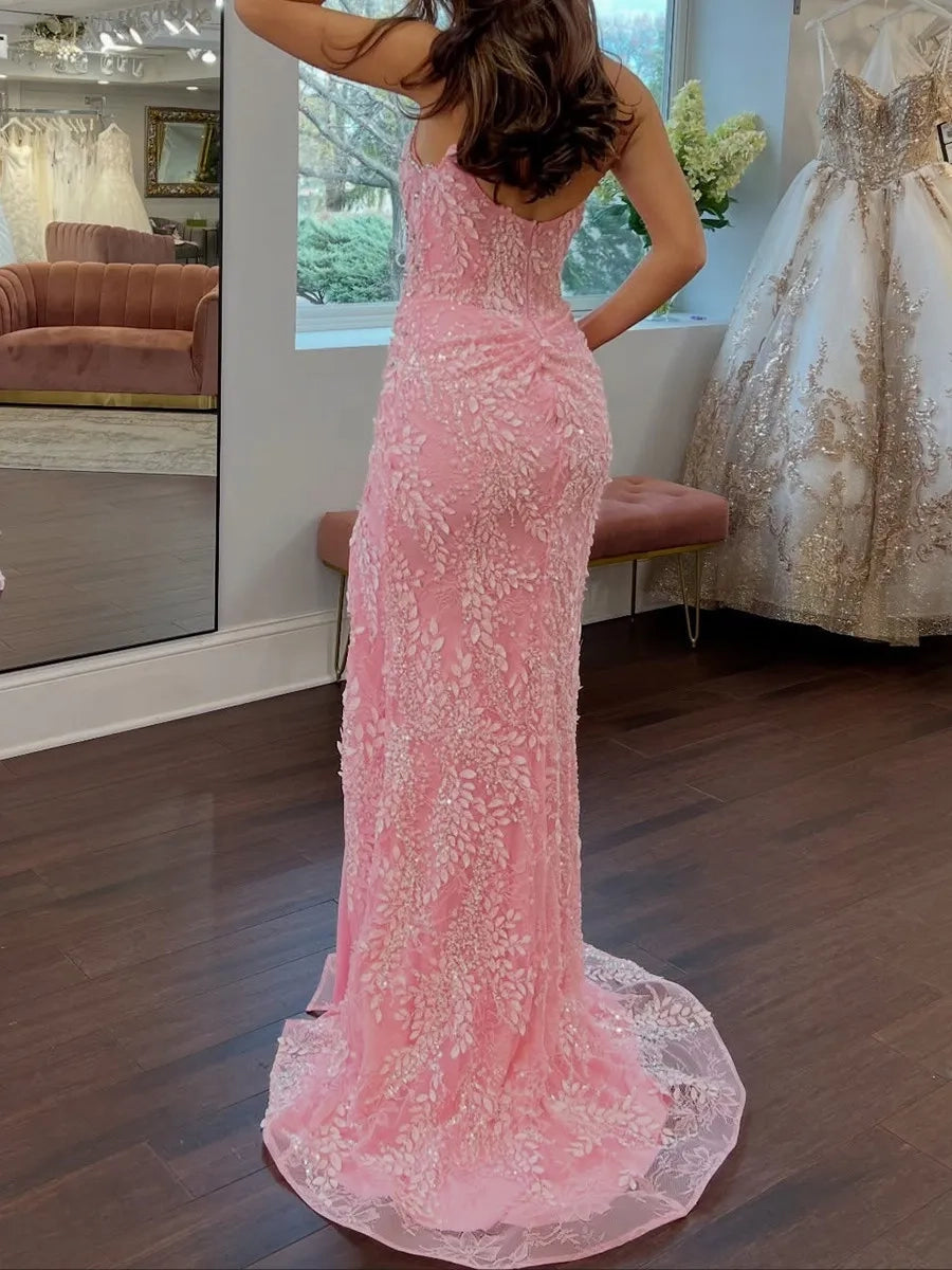 Elegant Mermaid Sweetheart Strapless V Back Pink Long Prom Dress