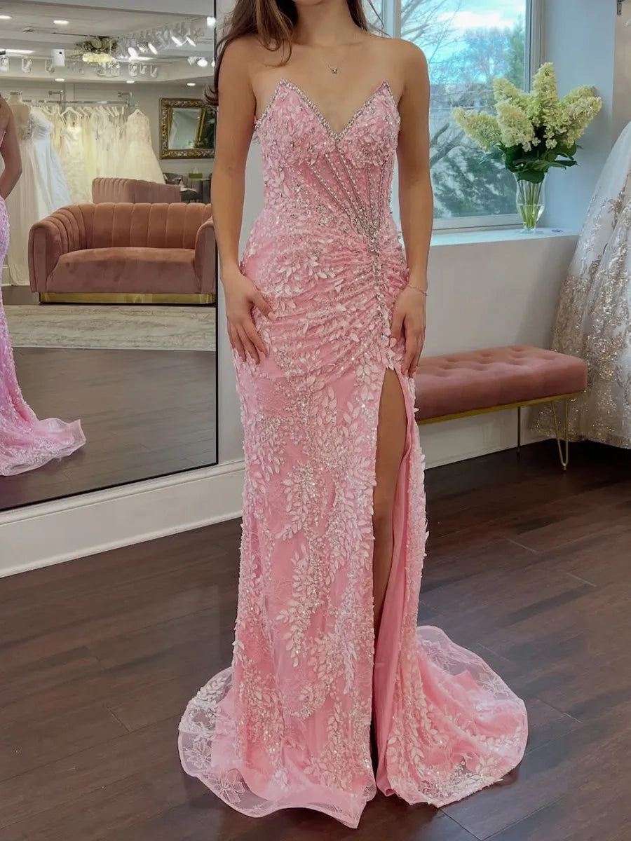 Elegant Mermaid Sweetheart Strapless V Back Pink Long Prom Dress