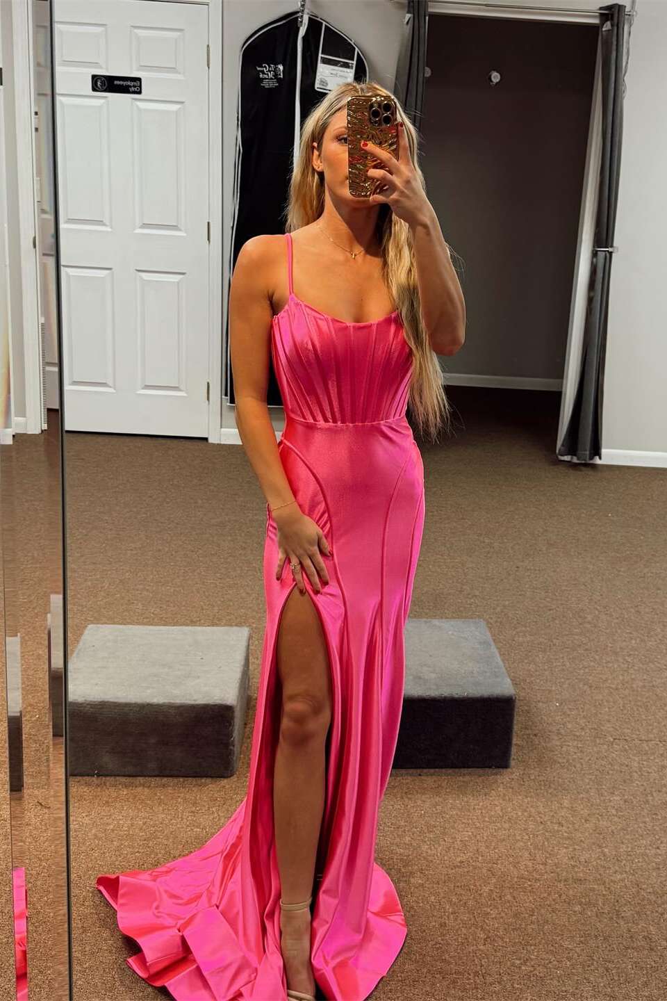 Stunning Mermaid Scoop Sleeveless Slit Hot-Pink Train Prom Dress