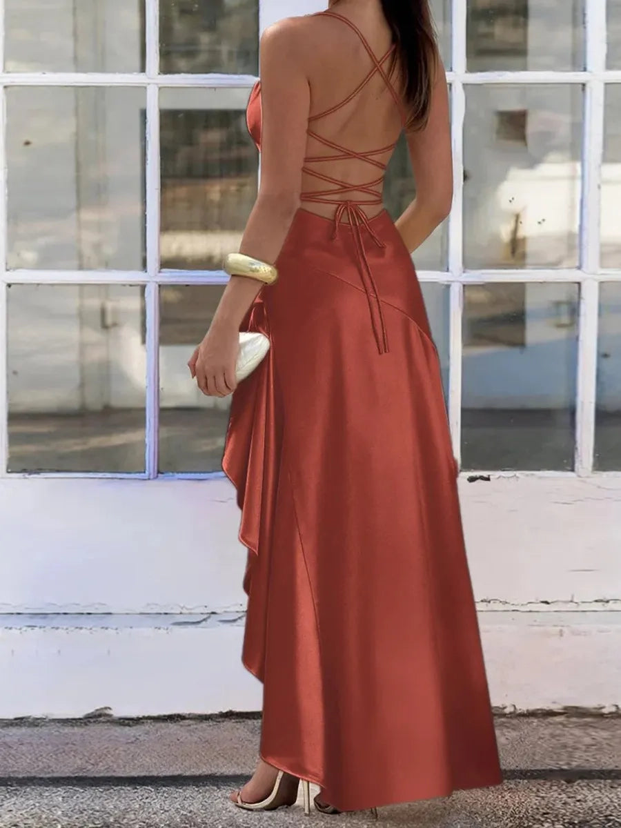 Chic Sheath Spaghetti Strap Sleeveless Lace-Up Back Long Prom Dress