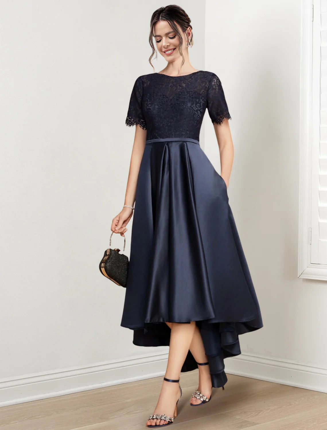 Vestidos de madre de la novia asimétricos con escote joya, corte A/Princesa