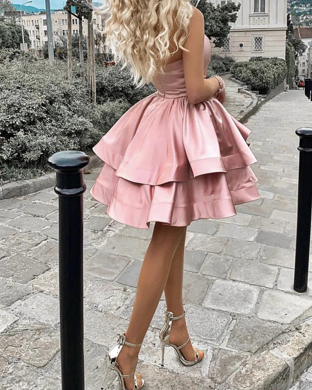 One shoulder satin ruffled hem short Homecoming dress