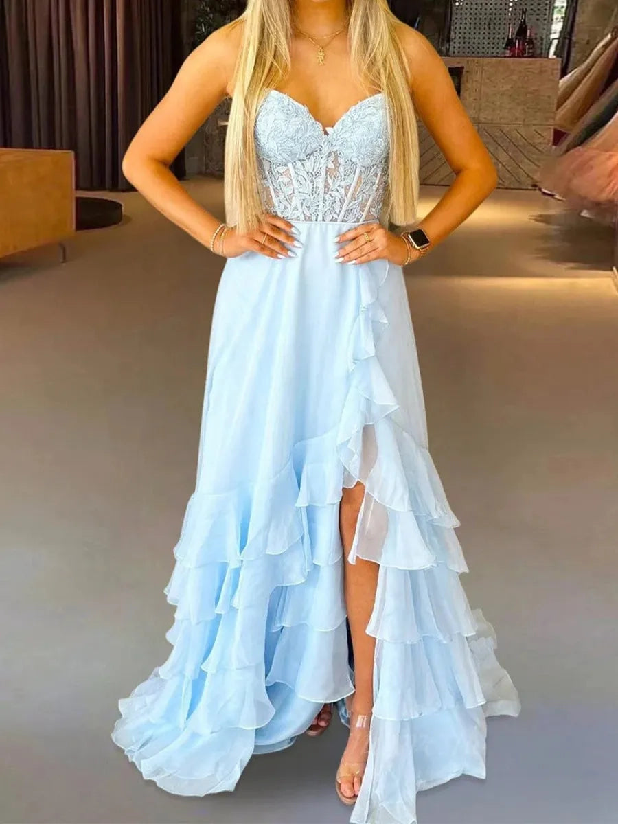 Elegant A-line Sweetheart Strapless Lace Up Back Ruffle Long Prom Dress