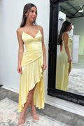 Elegant A-line V-neck Sleeveless Ruffle Yellow Long Prom Dress