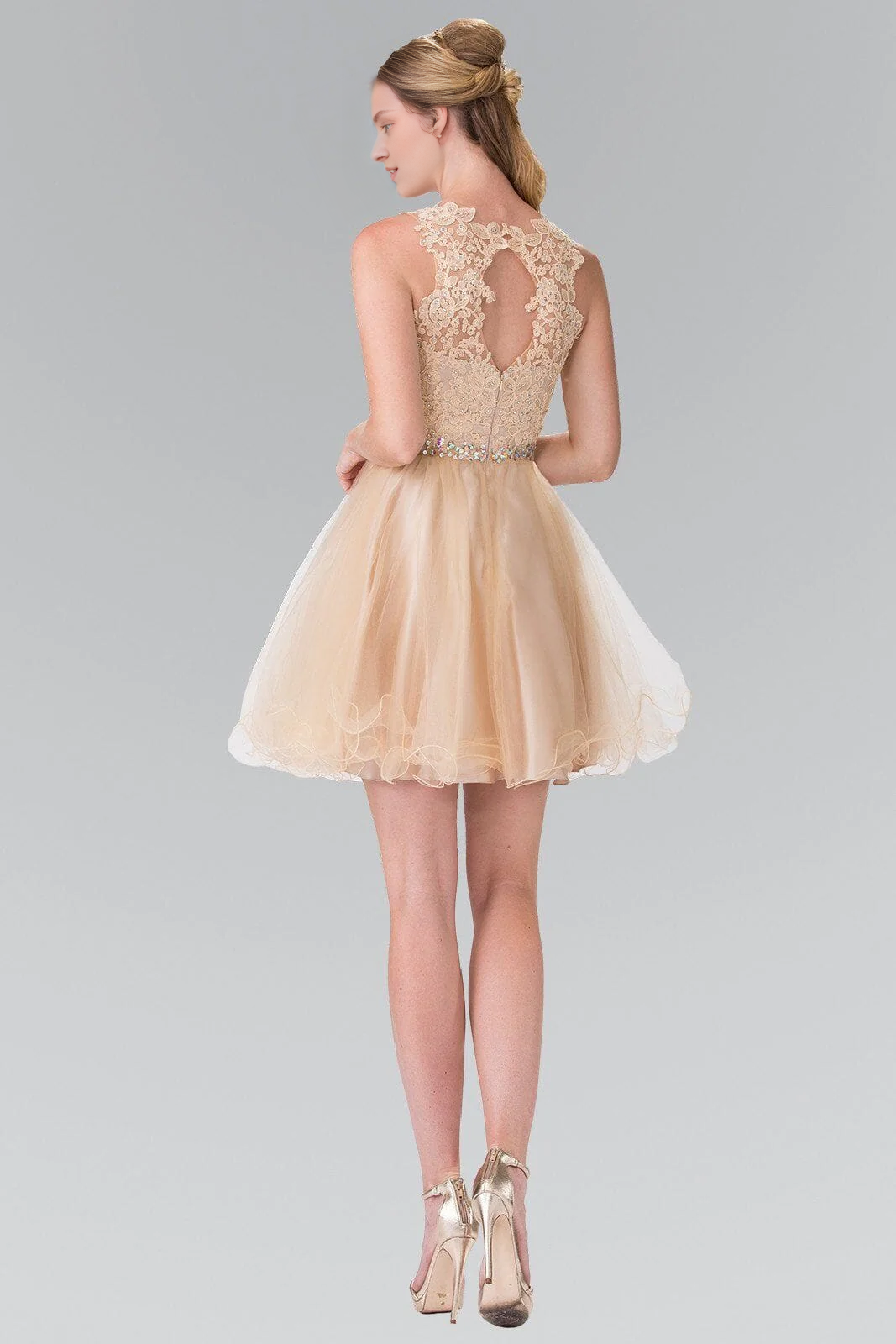 Champagne Lace A-Line Short Dress with Scoop Neck and Rhinestone Belt