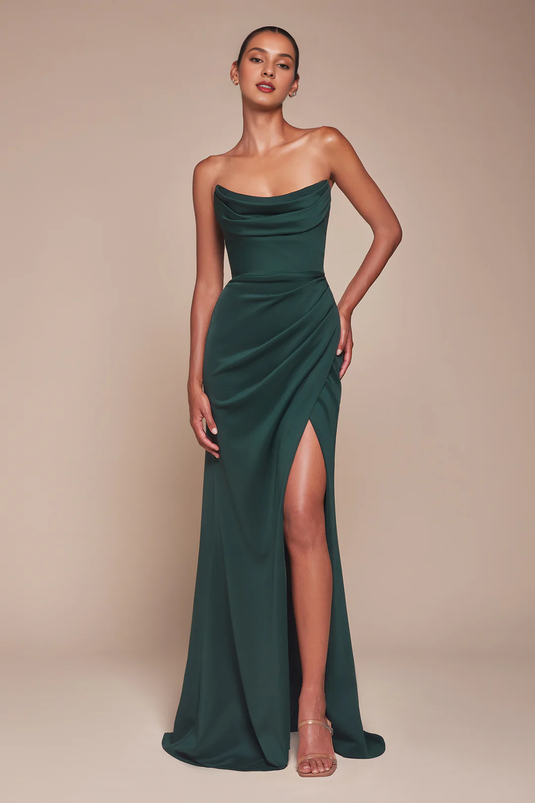 Burgundy Crepe Cowl Neck Sheath Floor-Length Dress with High Slit - Elegant Evening & Prom Gown