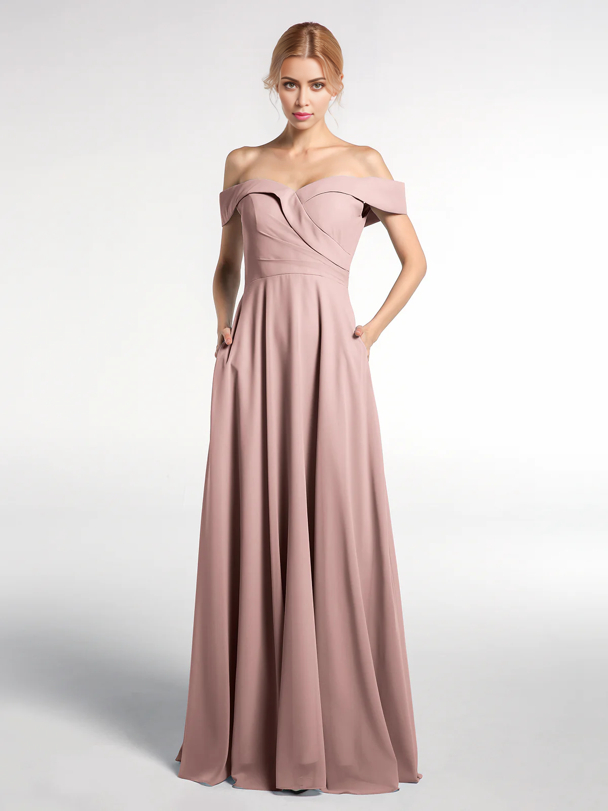 Vestido de falda redonda con bolsillos y hombros descubiertos