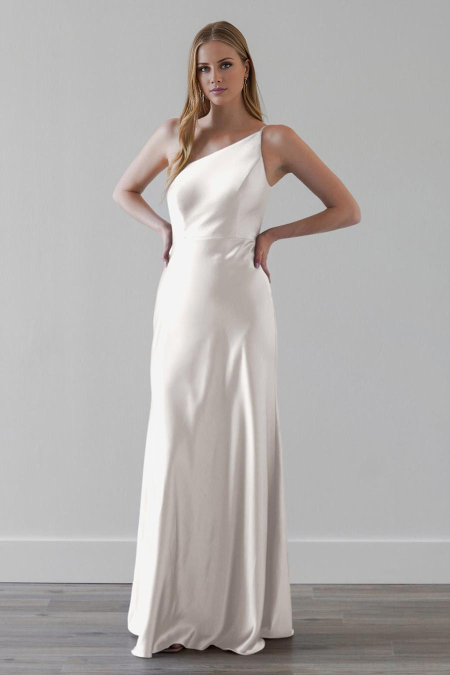 Vestido de noche Jimiss con cuello de un solo hombro, sin mangas y largo hasta el suelo