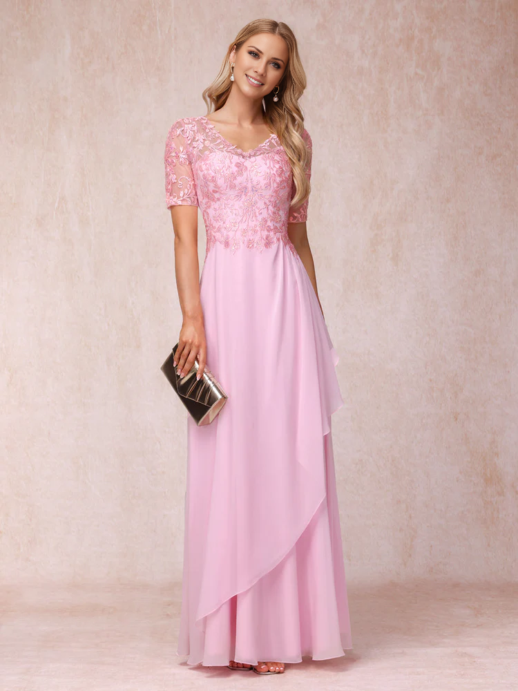 Pink Lace & Chiffon A-Line V-Neck Floor-Length Evening Dress