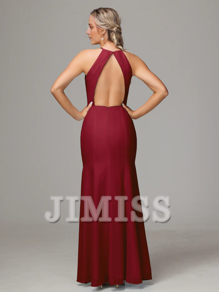 Vestido de dama de honor de gasa con escote colgante, espalda descubierta y abertura lateral