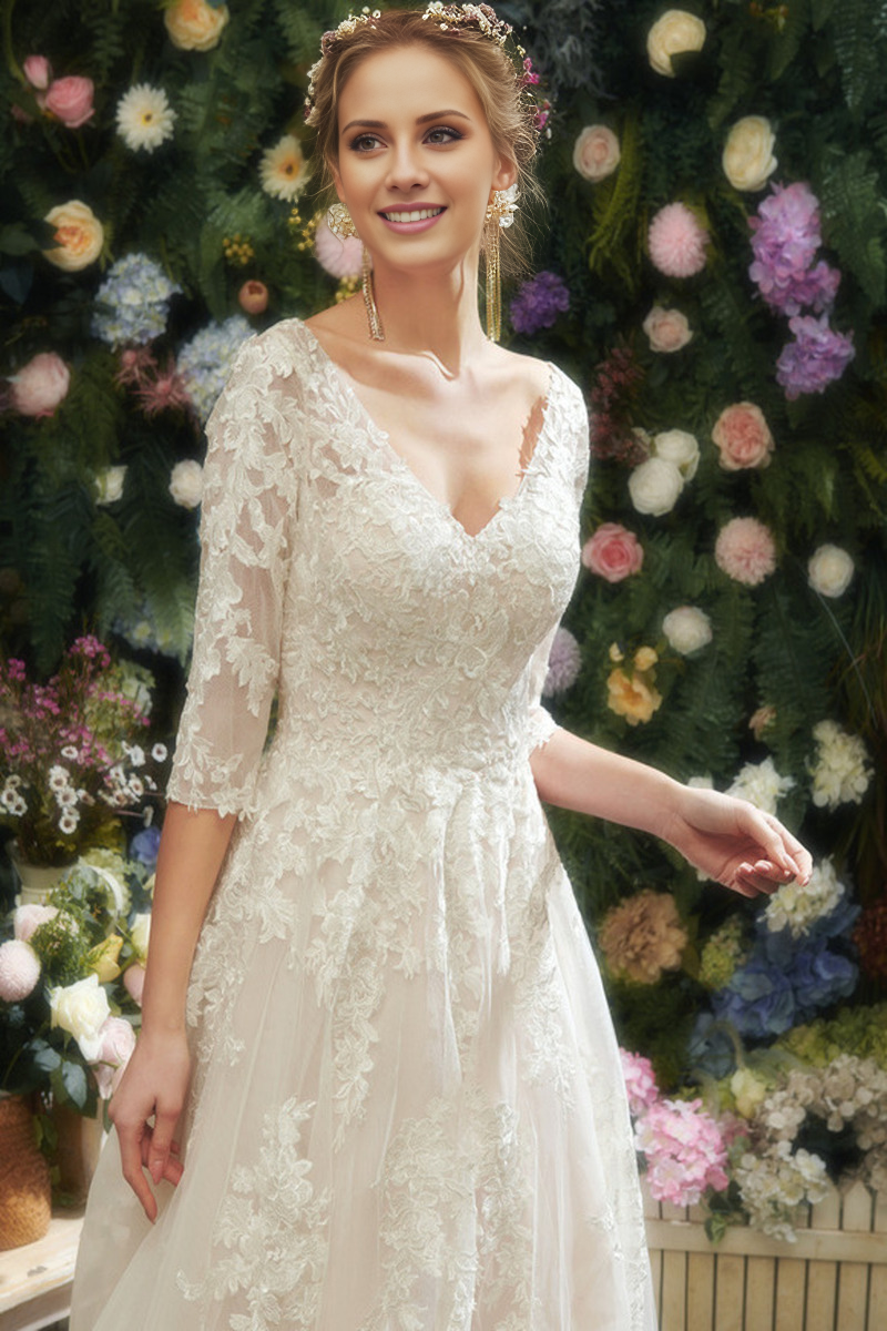 Abito da sposa in chiffon e pizzo con paillettes, a trapezio, scollo a V, gonna ampia e strascicata, maniche a 3/4