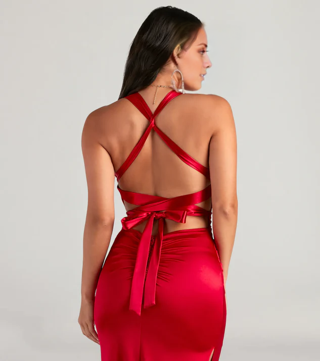 Vestido de fiesta Jimiss de satén con cuello en V, abertura lateral, espalda descubierta y largo hasta el suelo