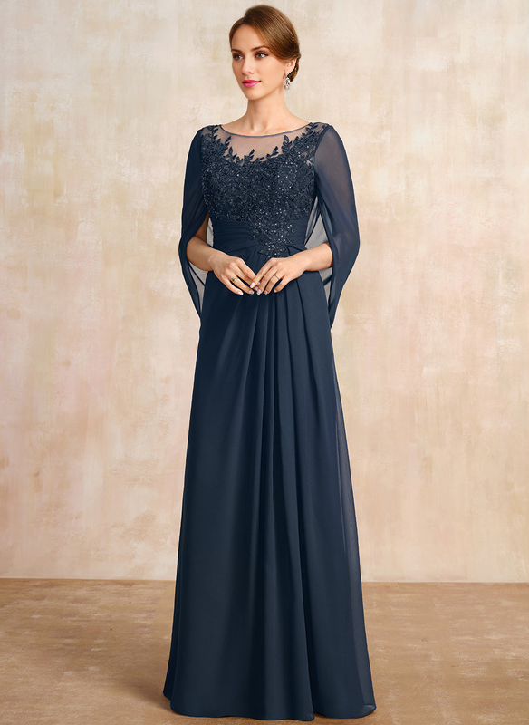 Jimiss A-shaped Scoop Illusion floor lace chiffon with sequins and pleats, mother of the bride dress