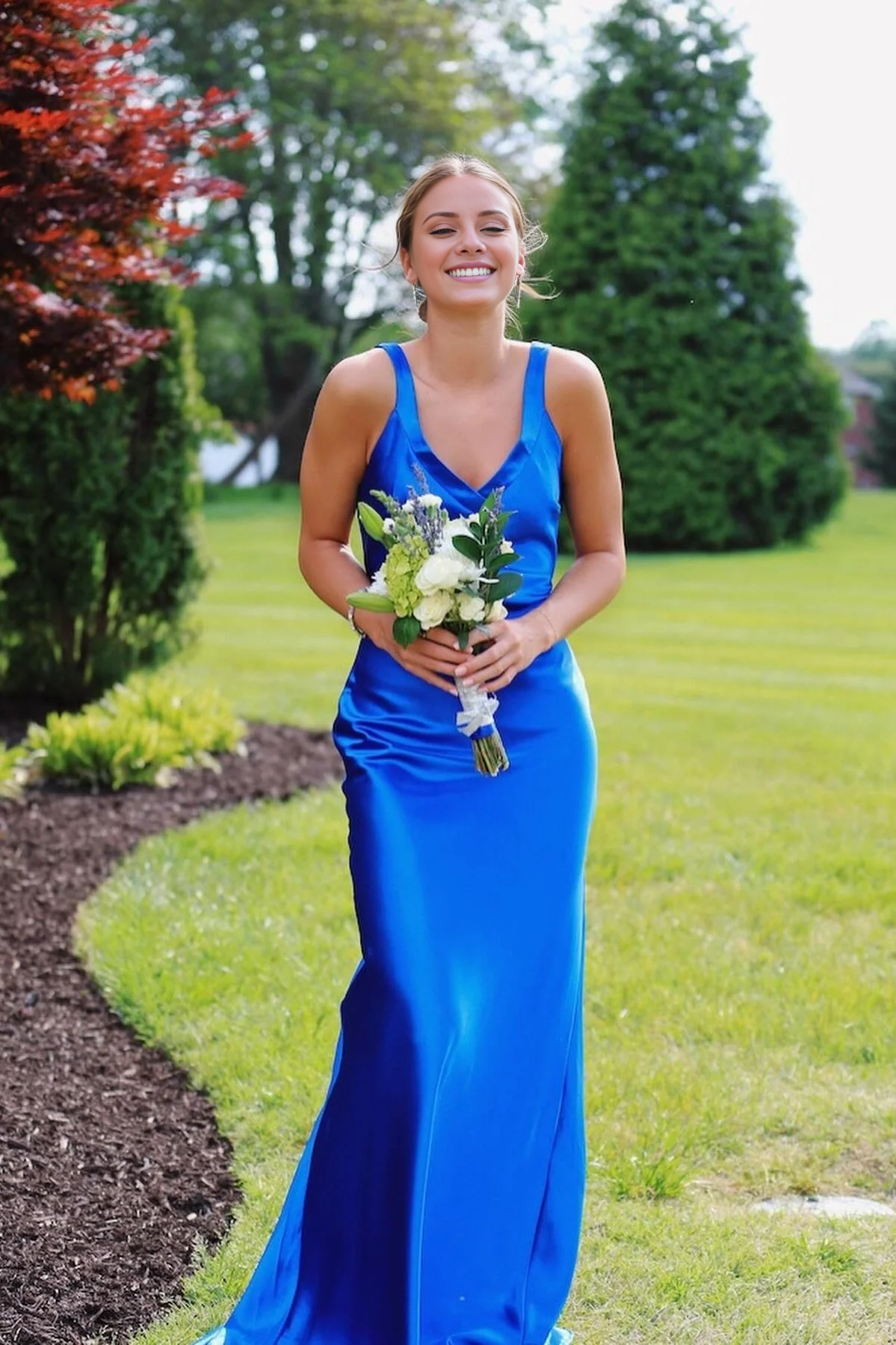 Lemon Satin Mermaid Floor-Length V-Neck Evening Dress