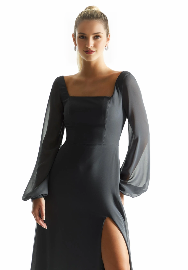 Abito da damigella d'onore in chiffon con scollo quadrato a trapezio e maniche lunghe, schiena quadrata