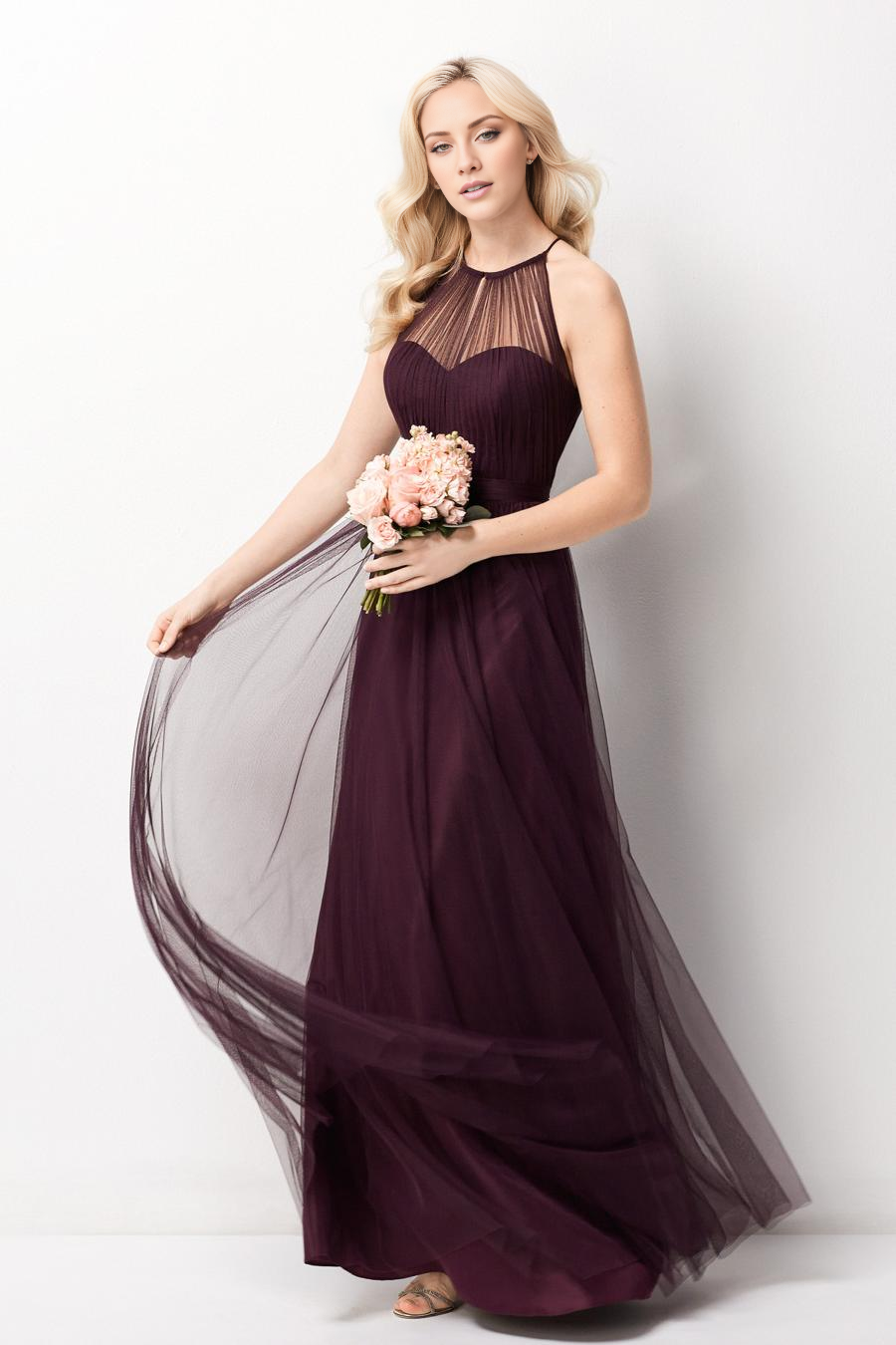Burgundy Tulle A-Line Floor-Length Bridesmaid Dress with Halter Neckline