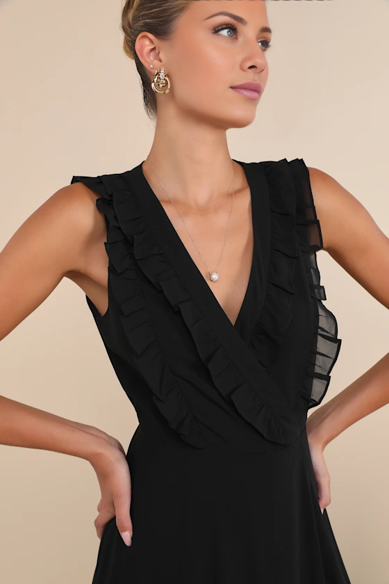 Vestido de noche Jimiss de corte A, escote en V, sin mangas, con volantes y largo hasta el suelo