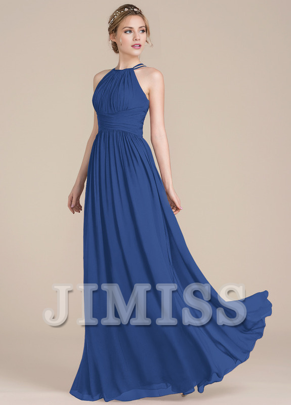 Vestido de dama de honor de gasa con escote redondo y corte A con diseño de hojas de loto
