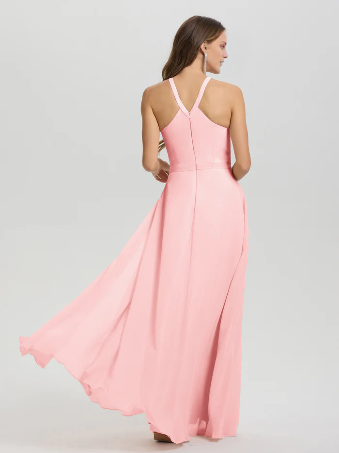 A-line keyhole collar sleeveless chiffon and floor length bridesmaid dress